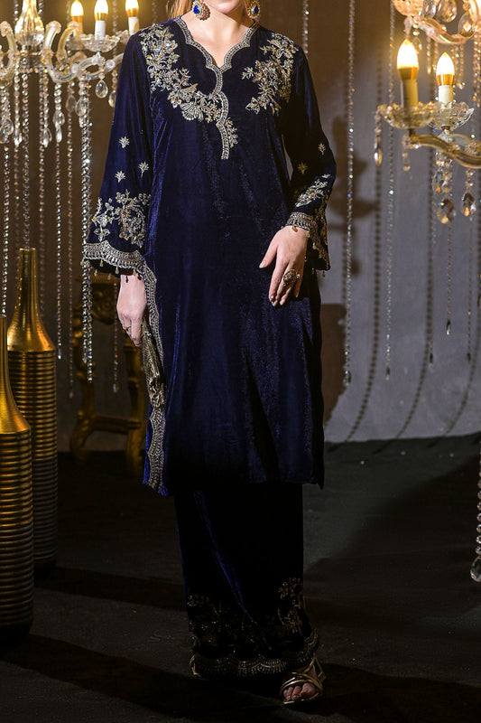 Blue Velvet Embroidered Shirt & Trouser Set | Zari, Resham & Sequin Detailing-SZ-2017