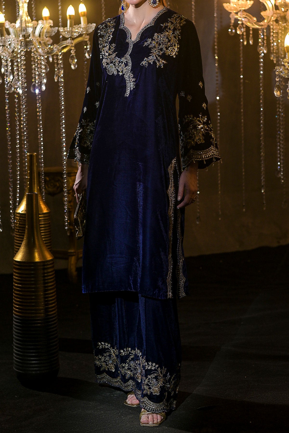 Blue Velvet Embroidered Shirt & Trouser Set | Zari, Resham & Sequin Detailing-SZ-2017