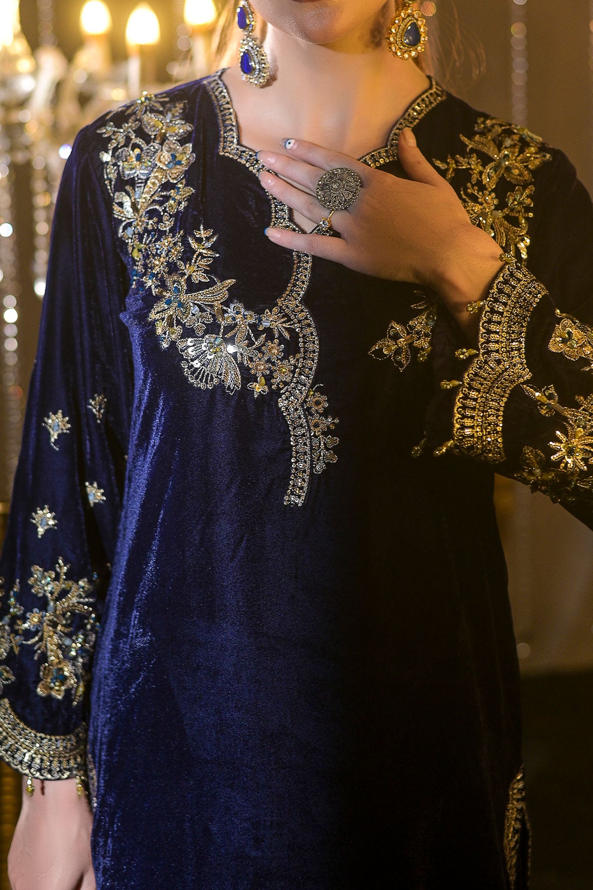 Blue Velvet Embroidered Shirt & Trouser Set | Zari, Resham & Sequin Detailing-SZ-2017
