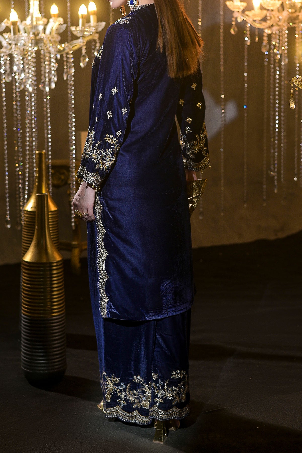 Blue Velvet Embroidered Shirt & Trouser Set | Zari, Resham & Sequin Detailing-SZ-2017