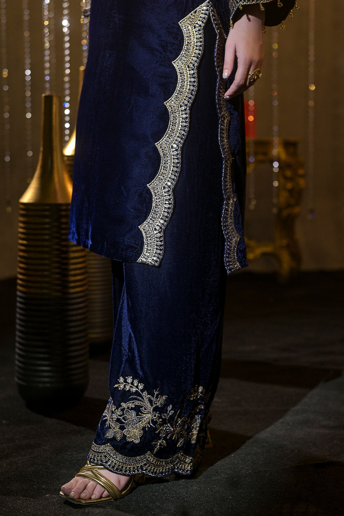Blue Velvet Embroidered Shirt & Trouser Set | Zari, Resham & Sequin Detailing-SZ-2017