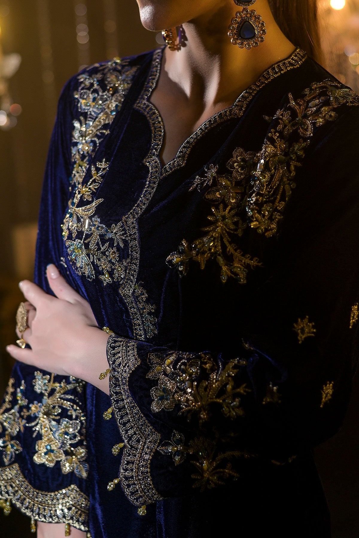 Blue Velvet Embroidered Shirt & Trouser Set | Zari, Resham & Sequin Detailing-SZ-2017
