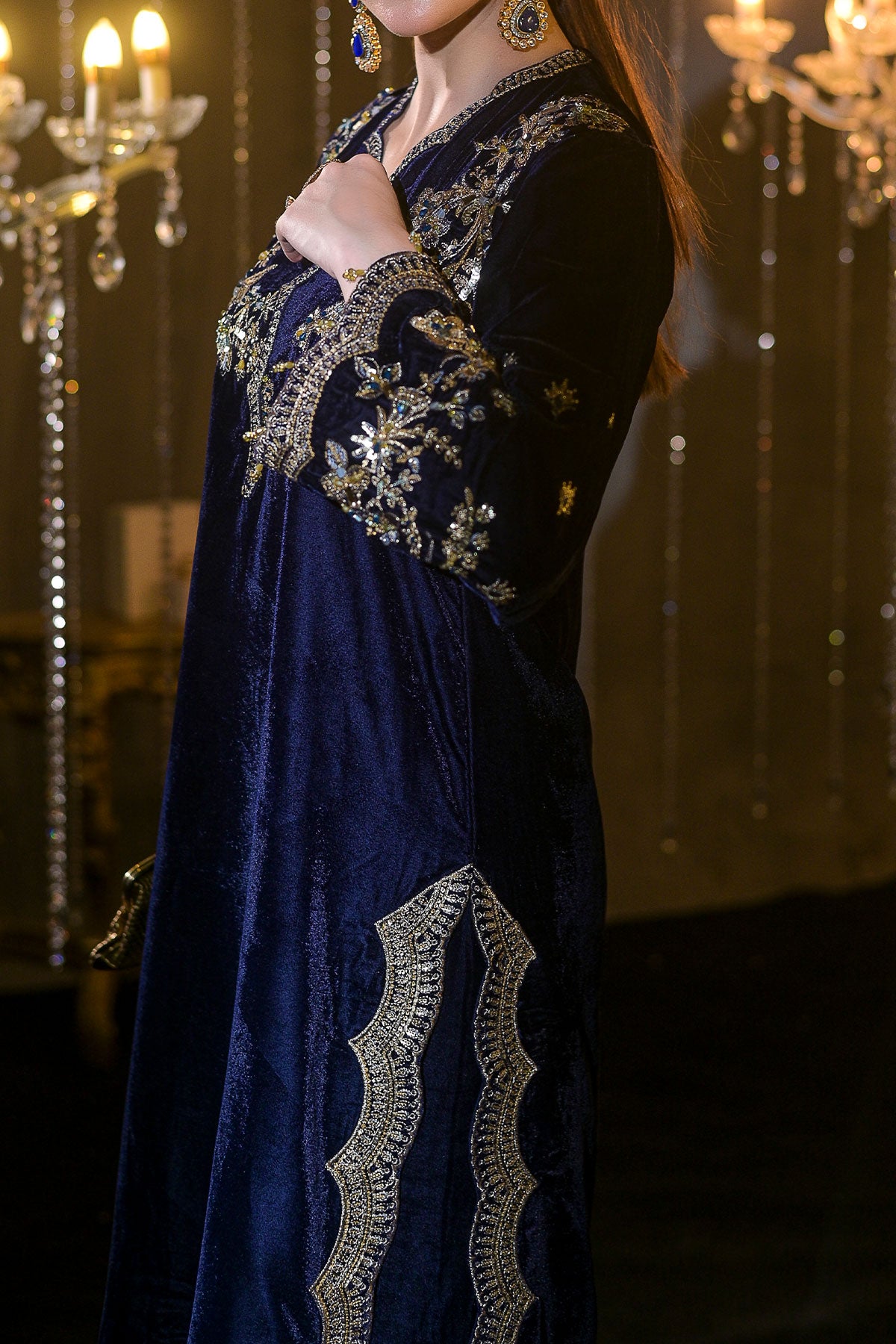 Blue Velvet Embroidered Shirt & Trouser Set | Zari, Resham & Sequin Detailing-SZ-2017