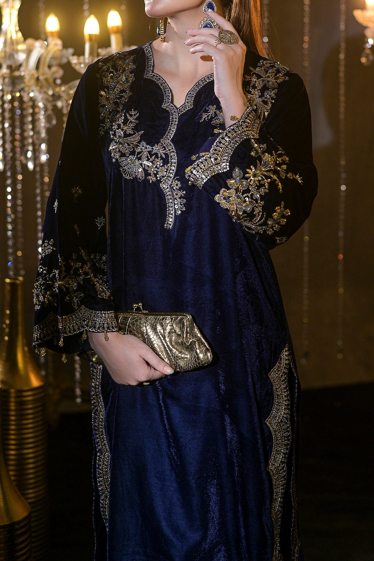 Blue Velvet Embroidered Shirt & Trouser Set | Zari, Resham & Sequin Detailing-SZ-2017