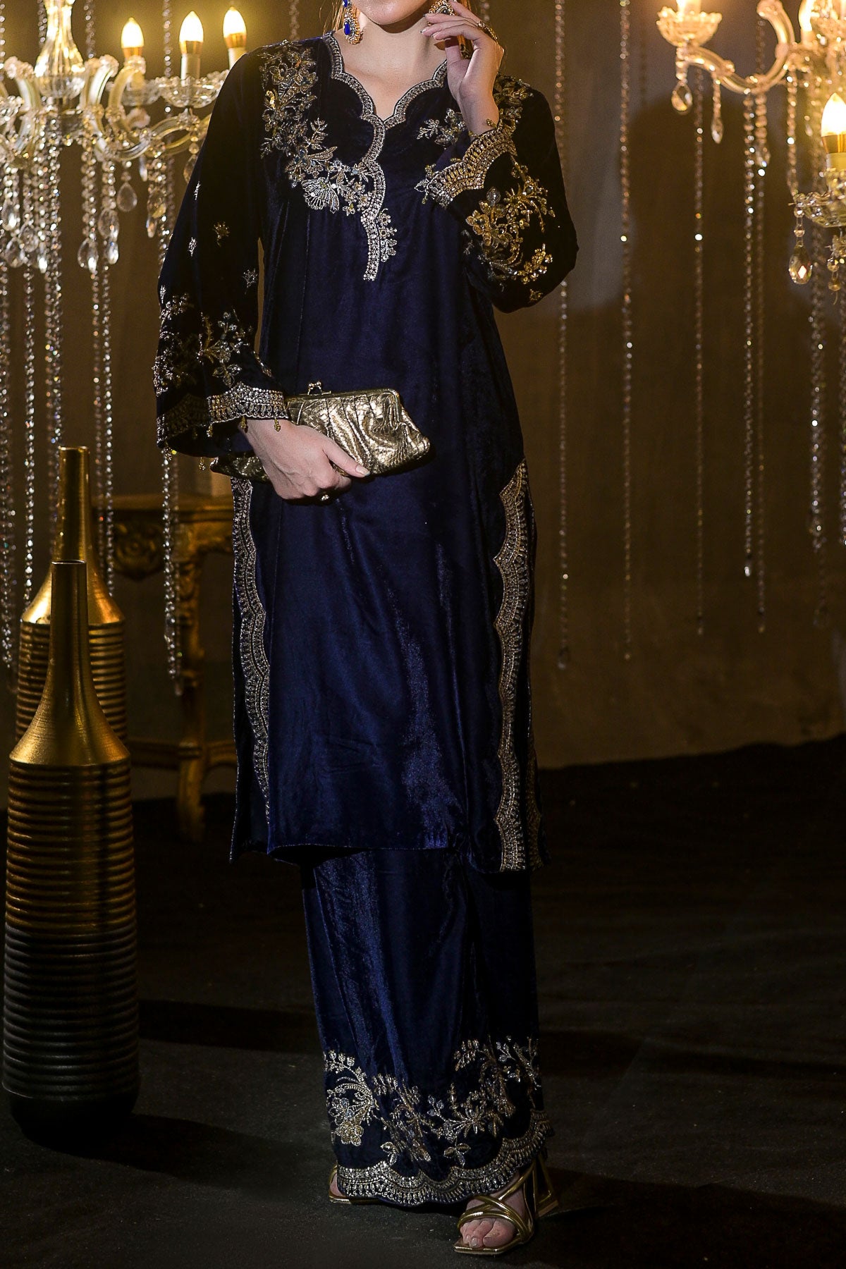 Blue Velvet Embroidered Shirt & Trouser Set | Zari, Resham & Sequin Detailing-SZ-2017