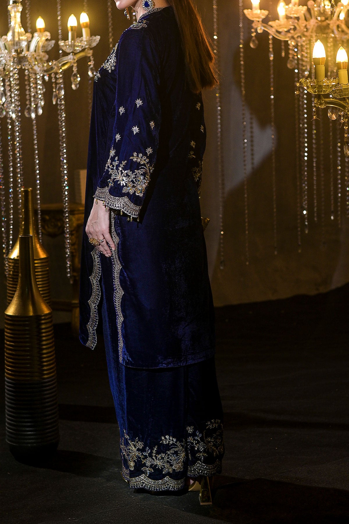 Blue Velvet Embroidered Shirt & Trouser Set | Zari, Resham & Sequin Detailing-SZ-2017