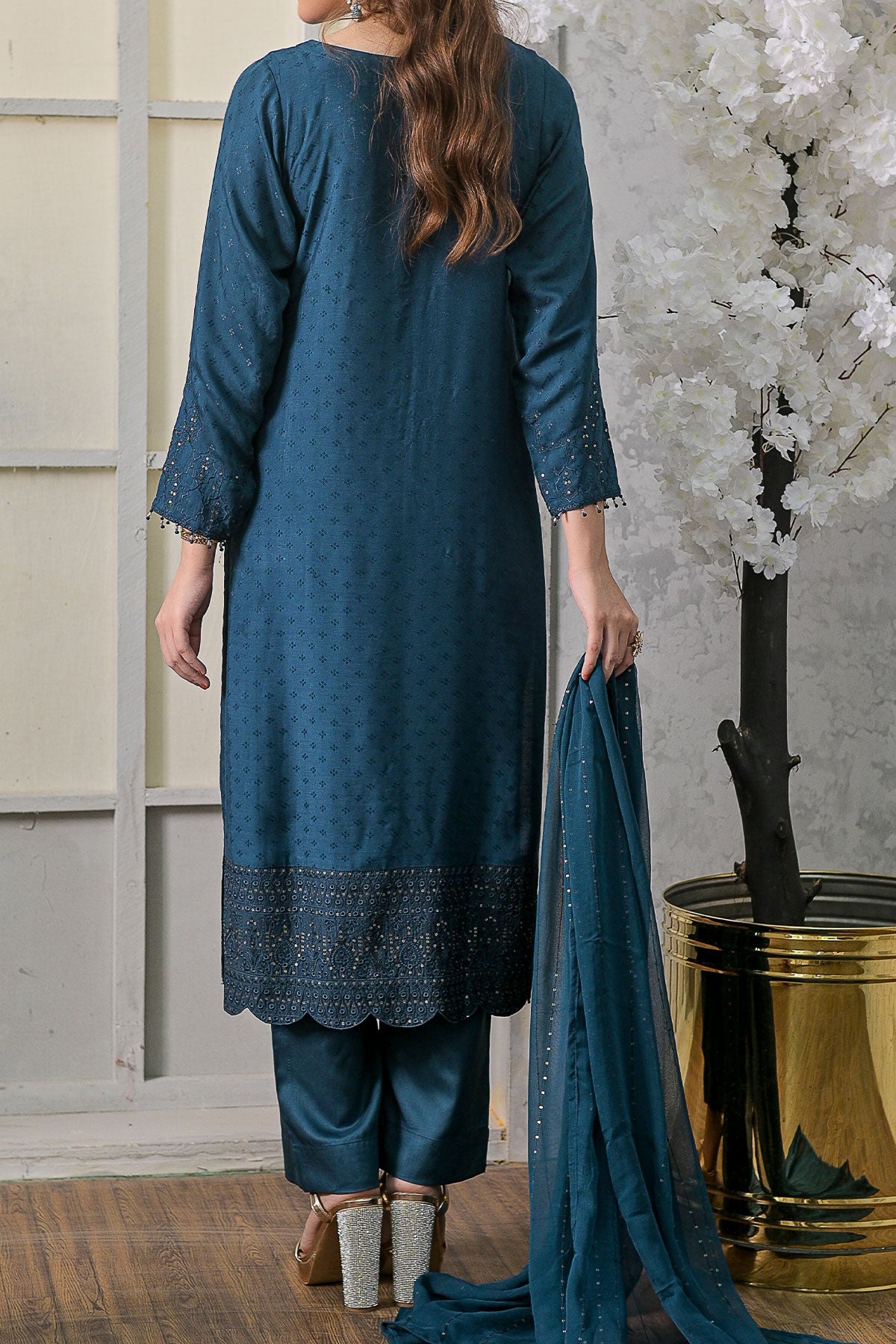 Blue Embroidered 3 Piece Viscose Suit with Chiffon Dupatta-SZ-2021