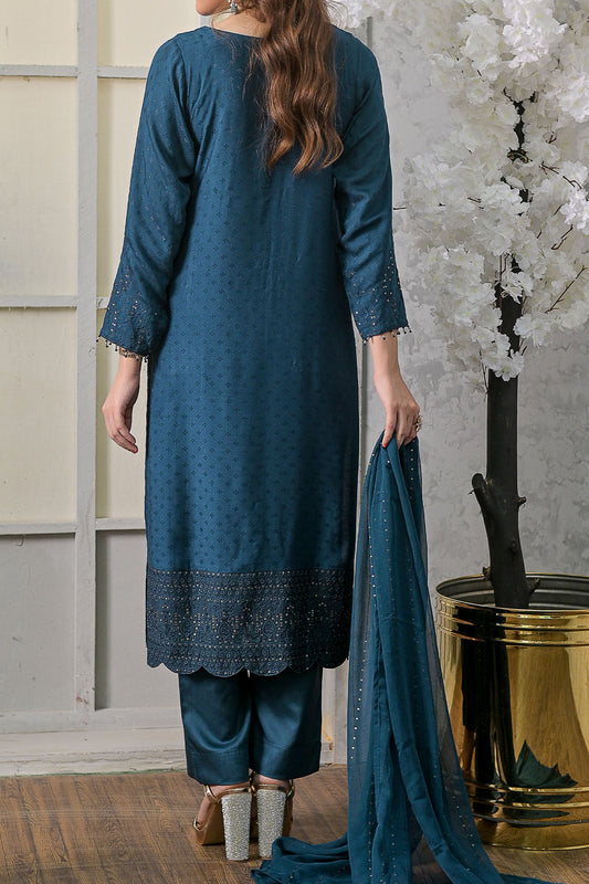 Blue Embroidered 3 Piece Viscose Suit with Chiffon Dupatta-SZ-2021