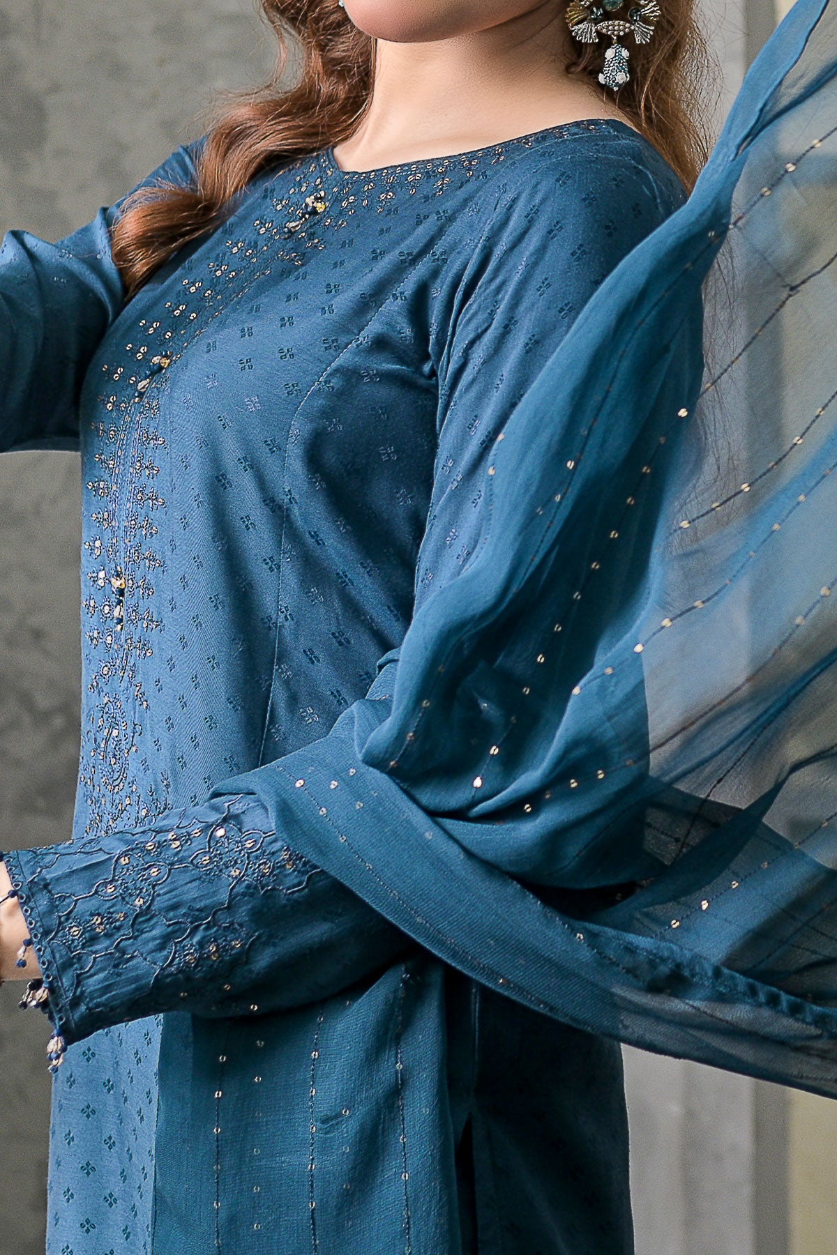 Blue Embroidered 3 Piece Viscose Suit with Chiffon Dupatta-SZ-2021