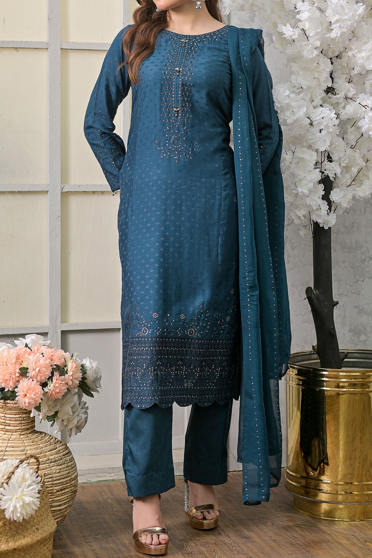 Blue Embroidered 3 Piece Viscose Suit with Chiffon Dupatta-SZ-2021