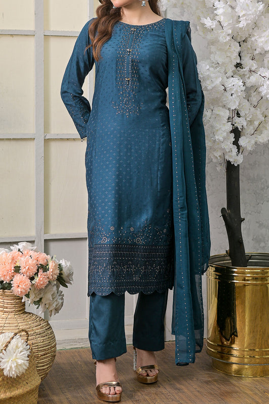 Blue Embroidered 3 Piece Viscose Suit with Chiffon Dupatta-SZ-2021