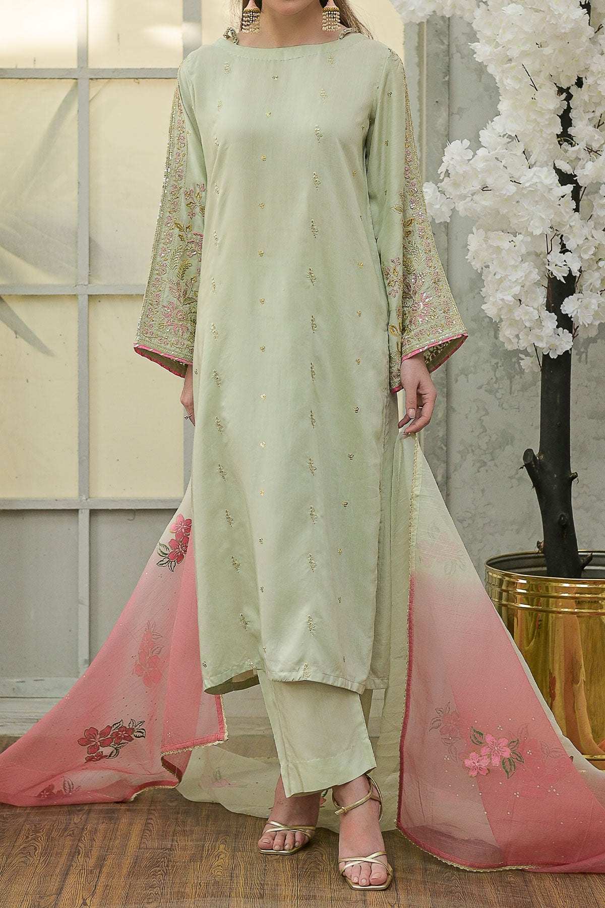 Mustard Self Zari Viscose 3 Piece Suit with Slub Dupatta-SZ-2020