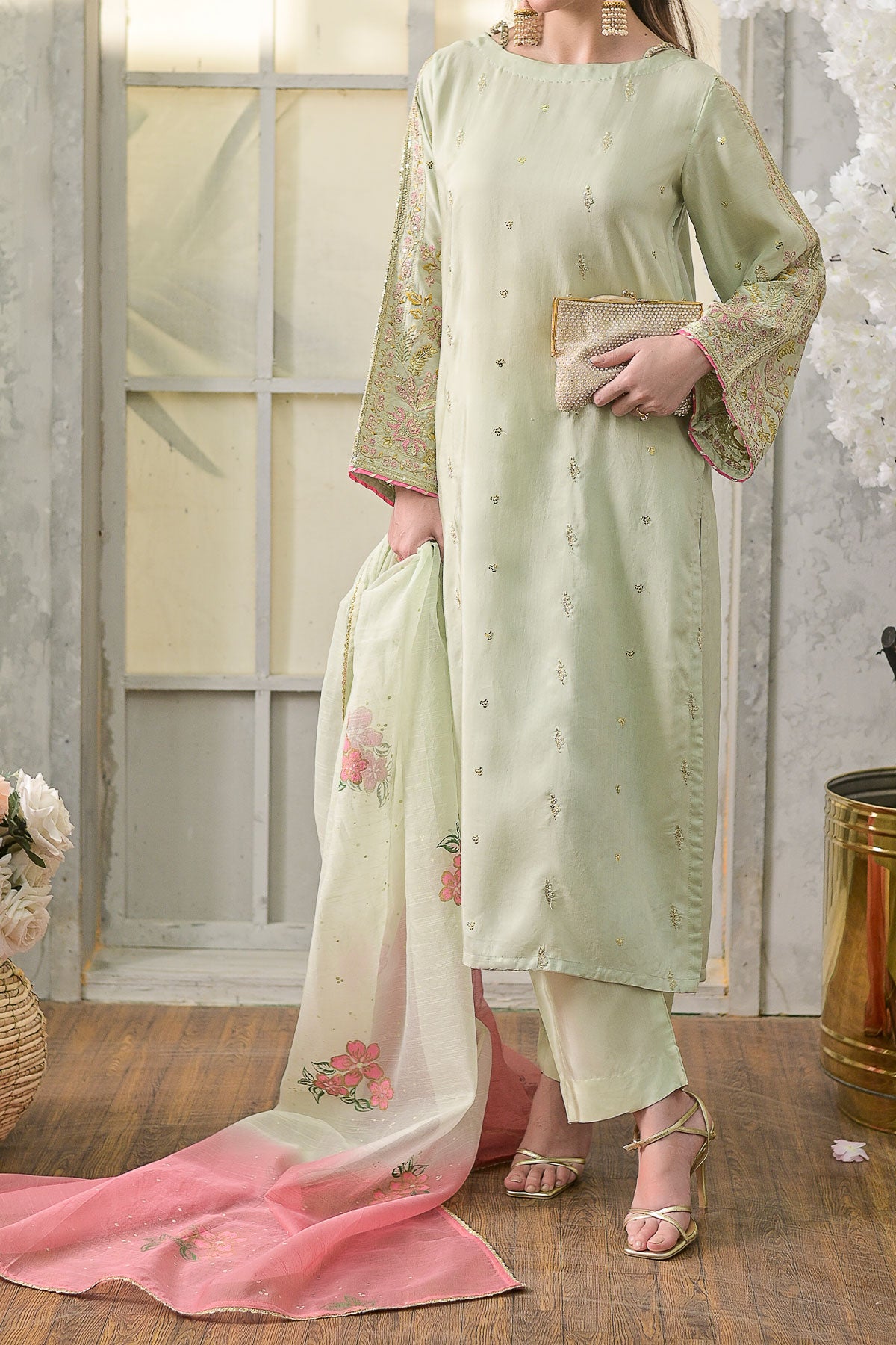 Mustard Self Zari Viscose 3 Piece Suit with Slub Dupatta-SZ-2020