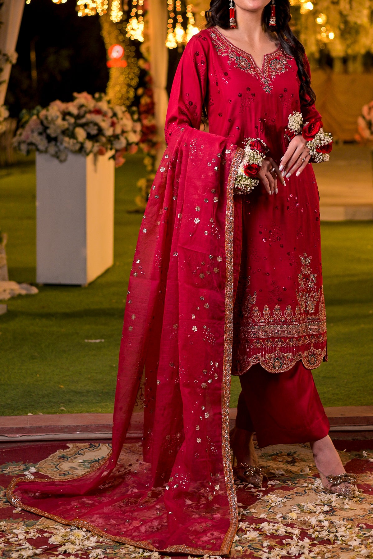 Shocking Pink Embroidered Viscose Shirt with Culottes & Sequin Work-SZ-2019
