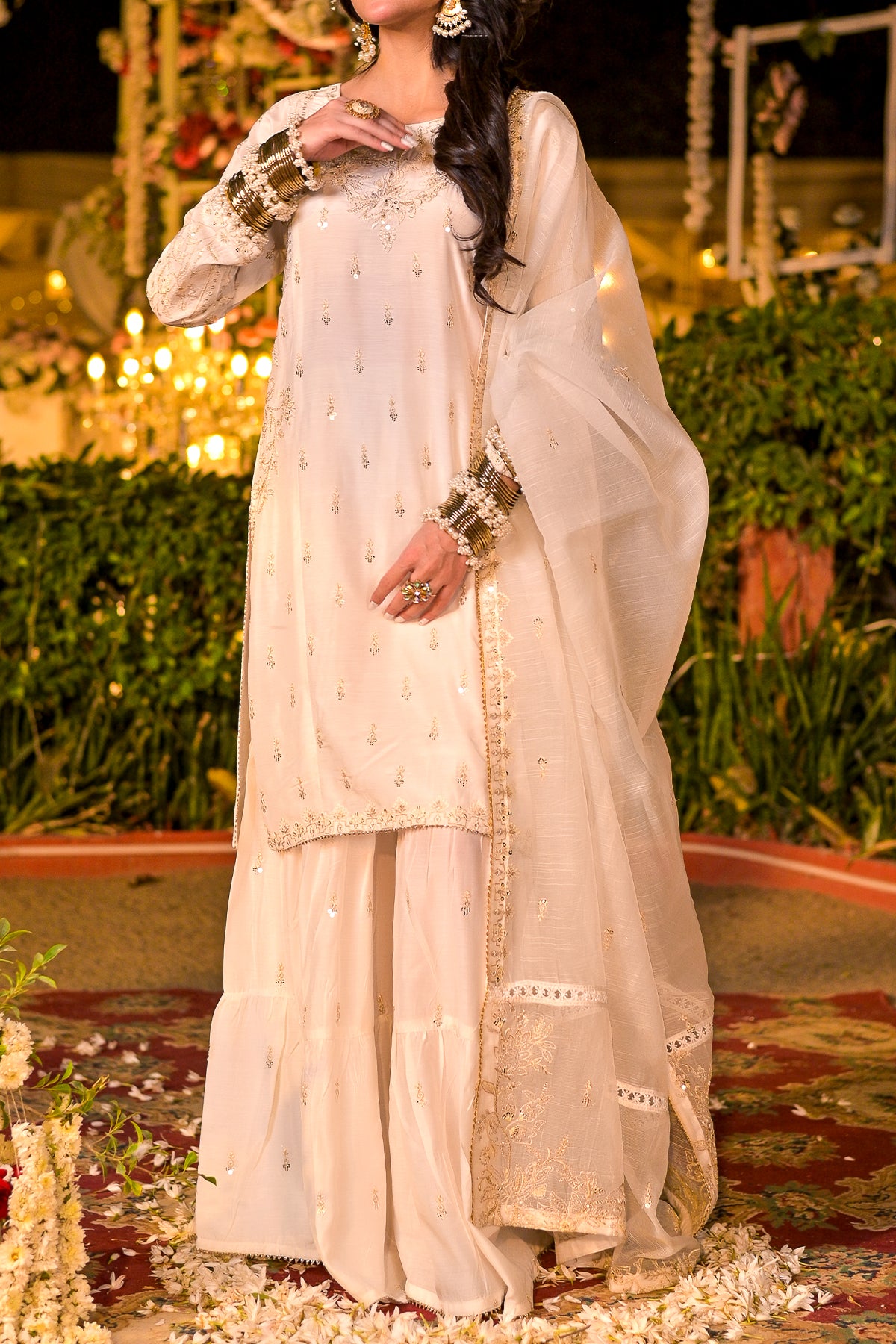 Offwhite Embroidered 3 Piece Viscose Suit with Hand Embellishments-SZ-2018