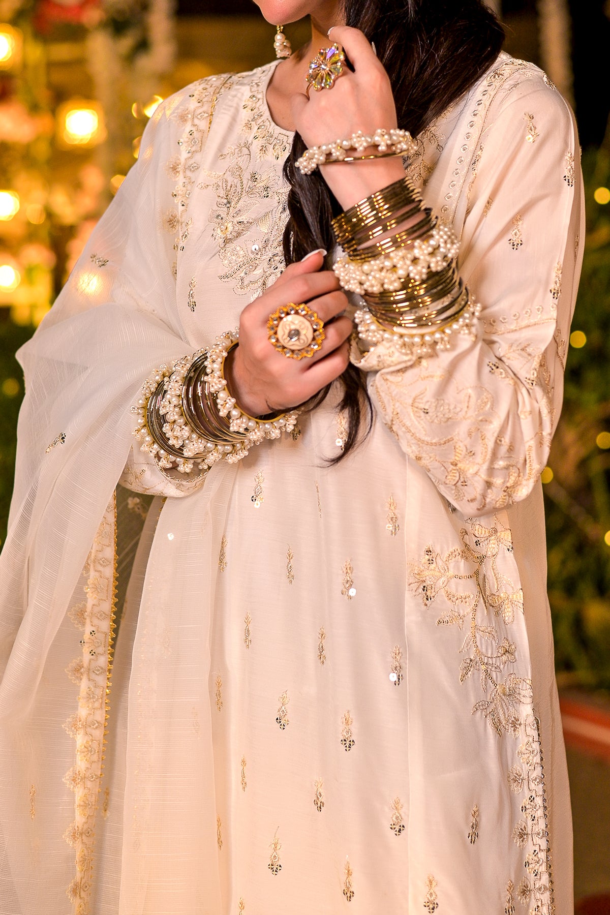 Offwhite Embroidered 3 Piece Viscose Suit with Hand Embellishments-SZ-2018