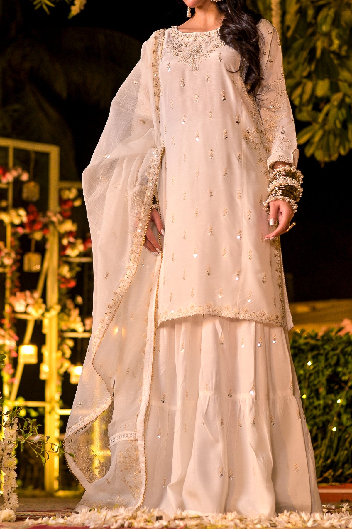 Offwhite Embroidered 3 Piece Viscose Suit with Hand Embellishments-SZ-2018